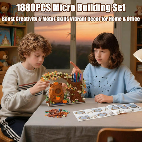 Epic 1880 Piece Capybara Themed Building Blocks Set For Kids And Adults, Cute Animal And Flower Construction Bricks Kit, Includes Pen Holder Desk Organizer, Dope Arts And Crafts Gift For Makers, assembled desk organizer with kids