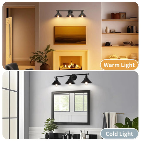 Upgrade 32 Inch Black Bathroom Light Fixture With 3 Light Vanity Lights Dope Rustic Matte Black Farmhouse Style Industrial Modern Vanity Lighting Over Mirror Sconce showing warm and cold light settings in a living room and bathroom.