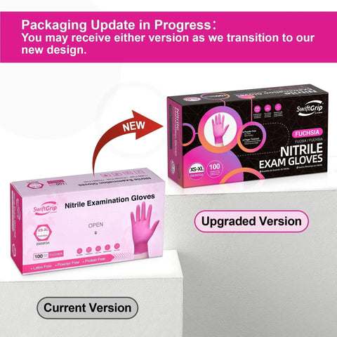 Top Tier Disposable Nitrile Gloves In Bright Fuchsia, Powder Free Latex Free, 3 Mil Flexible Grip For Kitchen Cleaning And Beauty Tasks, 100 Count packaging update with current and upgraded box versions.