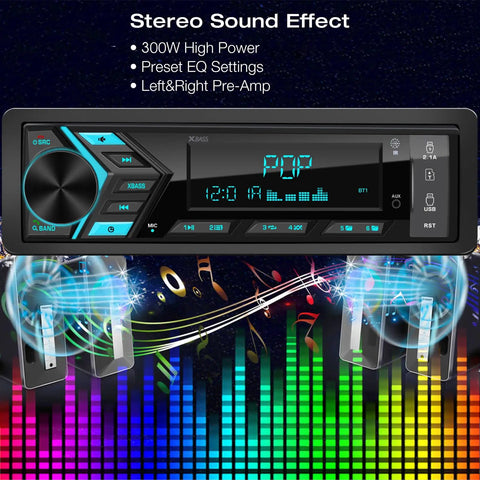 All In One Bluetooth Car Stereo For Marine Use That Slaps With Single Din LCD Display MP3 Player FM AM Receiver Dual USB Ports SD Card Slot AUX In Two Point One Amp Quick Charge APP Control In Dash Multimedia Radio showing 300W power and EQ settings