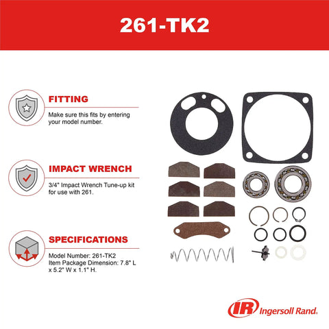 Three Quarters Inch Impact Wrench Tune Up Kit For 261 And 271 Models With Vanes Gaskets And Seals Replacement Parts 261 TK2 Keeps Your Tool Running Smoothly And Ready For Any Job In The Shop Pro Grade Quality displayed with parts and specifications