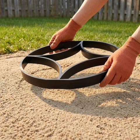 Hands placing DIY Garden Paving Mold Round Pattern Concrete Paver Tool For Outdoor Pathways Patios And Walkways on sand