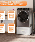 Heavy Duty Laundry Pedestal For Washer And Dryer, 16 Inch High By 28 Inch Wide Universal Metal Stand With Drawer in laundry room