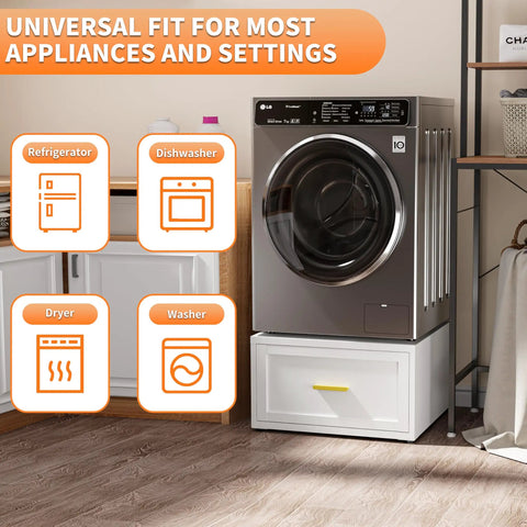 Heavy Duty Laundry Pedestal For Washer And Dryer, 16 Inch High By 28 Inch Wide Universal Metal Stand With Drawer in laundry room