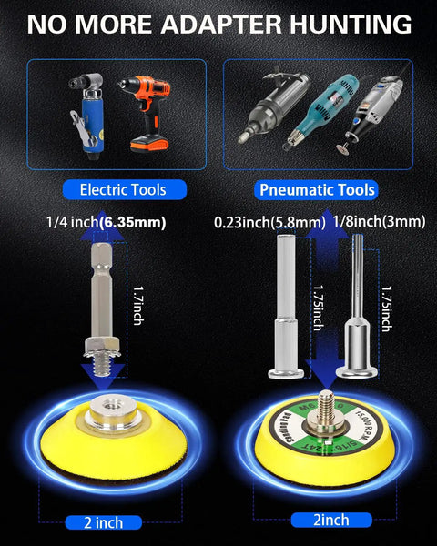 Top Shelf 2 Inch Sanding Disc Bundle With 133 Piece Hook And Loop Buffing Pads For Electric Drills And Rotary Tools Wet Dry Polishing Kit For Headlight Restoration And Fast Metal Touch Ups showing electric and pneumatic tools with adapter specifications.