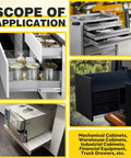 Heavy Duty Drawer Slides Built Like A Tank 12 To 40 Inch 150 Lb Load Capacity Full Extension Side Mount Ball Bearing Cabinet Rails Tool Box Runners Track Glides For Cabinets And Drawers shown in various cabinet applications
