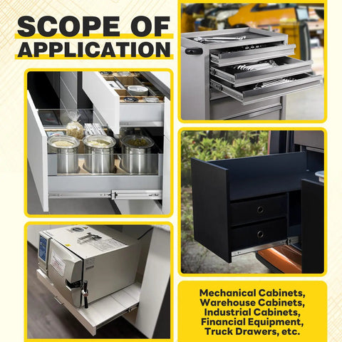 Heavy Duty Drawer Slides Built Like A Tank 12 To 40 Inch 150 Lb Load Capacity Full Extension Side Mount Ball Bearing Cabinet Rails Tool Box Runners Track Glides For Cabinets And Drawers shown in various cabinet applications