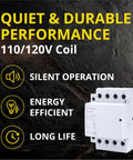 4 Pole Contactor With 110 120V Coil, 63A Normally Closed NC, promoting silent operation, energy efficiency, and long lifespan.