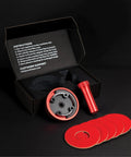 Autoline Pro gas cap adapter set for EVAP leak testing; front view with red anodized cylinder, round adapter, and red ring.