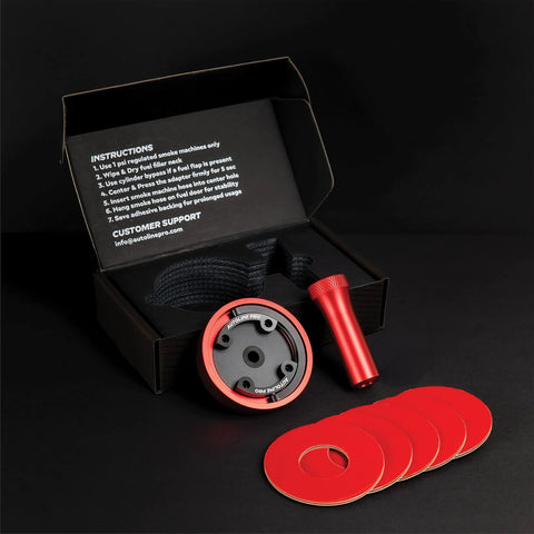 Autoline Pro gas cap adapter set for EVAP leak testing; front view with red anodized cylinder, round adapter, and red ring.