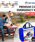Ultimate Car Emergency Kit With Air Compressor And Heavy Duty Jumper Cables First Aid Tow Strap Tire Gauge And Headlamp Roadside Safety Kit For Women Men And Teens Ready For Any Breakdown next to car with people.
