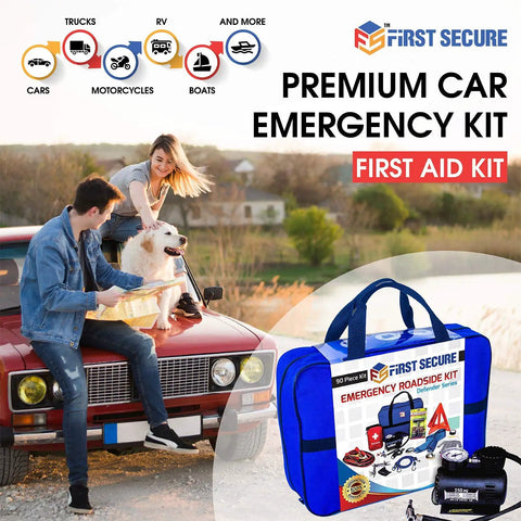 Ultimate Car Emergency Kit With Air Compressor And Heavy Duty Jumper Cables First Aid Tow Strap Tire Gauge And Headlamp Roadside Safety Kit For Women Men And Teens Ready For Any Breakdown next to car with people.