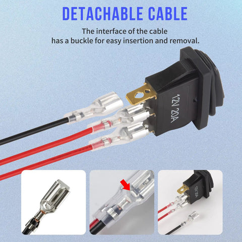12V Waterproof Rocker Switch Five Pack with Three 20 CM Detachable Wires SPST Three Pin On Off Toggle Snap In Square Design Blue LED Light