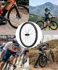 Gravel Carbon Wheelset 38 And 45 Millimeter Depth For Disc Brakes Tubeless Ready 31 Millimeter Width Center Lock displayed in various terrains including gravel, trail, and racing environments.