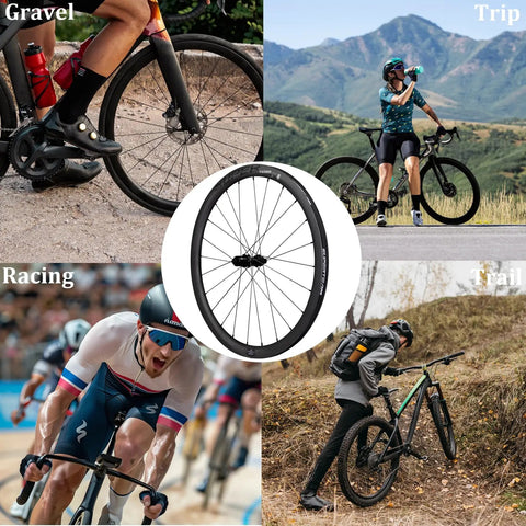 Gravel Carbon Wheelset 38 And 45 Millimeter Depth For Disc Brakes Tubeless Ready 31 Millimeter Width Center Lock displayed in various terrains including gravel, trail, and racing environments.