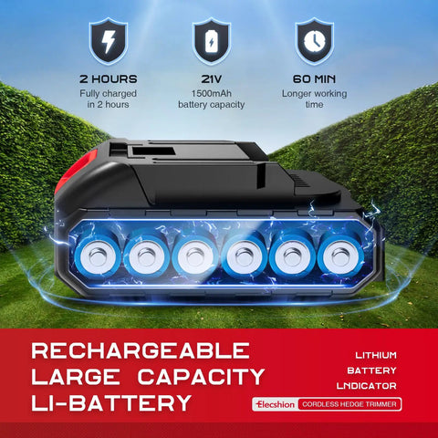 Rechargeable battery for the 2 Pack Cordless Hedge Trimmer With Battery And Charger, highlighting large capacity and 21V power.