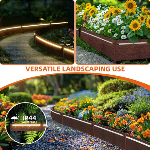 Outdoor Solar Lights For Yard And Pathways 20 Foot Connectable Landscape Edging With 10 No Dig Garden Border Lights Waterproof Pathway And Flower Bed Lights Patio Decor Brown Finish along a garden path with sunflowers and daisies.