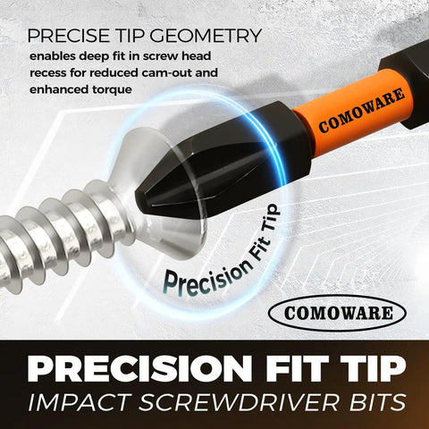 Close-up of precision fit tip on 68 Piece Impact Screwdriver Bit Set Beast Pro Grade Black Oxide Coated Bits with screw