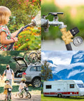 Keep Your Rig Safe With This Adjustable RV Water Pressure Regulator Featuring A Clear Dial Gauge And Easy Grip Handwheel Tweak Settings From 45 To 160 Psi For Straightforward City Water Hookups Zero Tools Required. Image showcasing the water pressure regulator installed on a spigot with a child's garden playing.