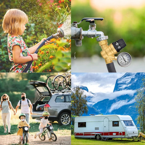 Keep Your Rig Safe With This Adjustable RV Water Pressure Regulator Featuring A Clear Dial Gauge And Easy Grip Handwheel Tweak Settings From 45 To 160 Psi For Straightforward City Water Hookups Zero Tools Required. Image showcasing the water pressure regulator installed on a spigot with a child's garden playing.