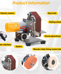 Mini Belt Sander For Knife Making Electric Bench Grinder Rock Solid Rubber Base Heavy Duty Stainless Steel showing motor, sand belt, and shock-absorbing feet.