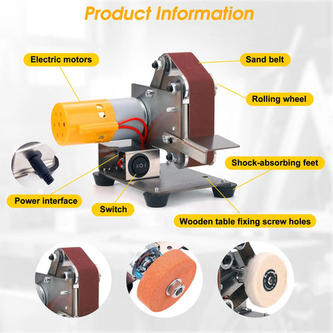 Mini Belt Sander For Knife Making Electric Bench Grinder Rock Solid Rubber Base Heavy Duty Stainless Steel showing motor, sand belt, and shock-absorbing feet.