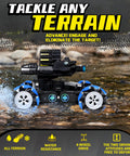 Gesture Sensing RC Tank That Shoots, Epic Battle Ready Remote Control Tank for Kids Ages 8 To 12 on rocky terrain with water splash