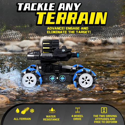 Gesture Sensing RC Tank That Shoots, Epic Battle Ready Remote Control Tank for Kids Ages 8 To 12 on rocky terrain with water splash