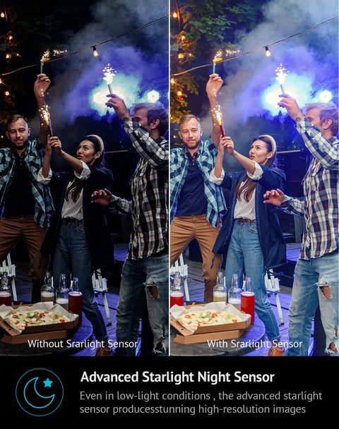 Comparison of image with and without starlight sensor, 4MP 2K Outdoor Indoor Wired Security Camera With IP65 Weatherproof, Starlight Night Vision Up To 100 Ft, Motion And Person Detection, Two Way Audio With Spotlight, US Cloud Access, Works With Alexa, iOS Android And Web.