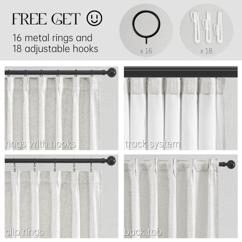 Extra Wide Blackout Linen Drapery Panel With Hooks, Pinch Pleat Curtains For Patio Sliding Doors And Large Windows, 72 By 96 Inches One Panel, showing rings, hooks, and back tab hanging methods.