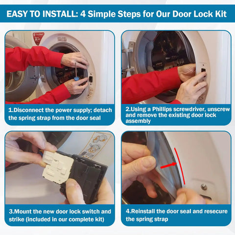 All In One Washer Door Lock Kit With Switch And Strike For LG Kenmore Replaces WM3670HVA WM3770HVA WM8000HVA WM4000HWA WM3600HVA Built Tough No Fuss Install Electromagnetic Auto Lock For Wash And Spin Cycles installation steps on front-load washer