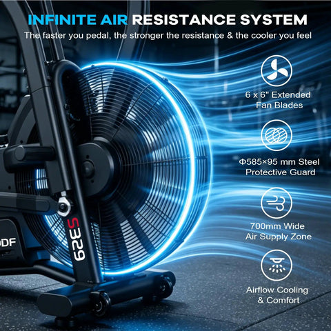 Indoor Upright Air Resistance Fan Bike With Bluetooth features infinite air system fan blades with airflow effects