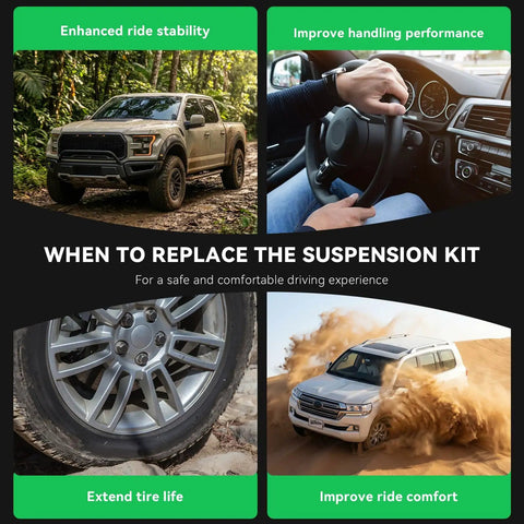 Infographic on replacing suspension kit for enhanced ride stability and comfort in various vehicles, focusing on Nissan Rogue models.