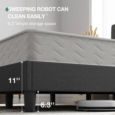 Rock Solid Upholstered King Bed Frame With Adjustable Headboard And Soft Grey Linen, Wood Slat Support, No Boxspring Needed, Quick Assemble, Bedroom Glow Up showing height dimensions and space for cleaning.
