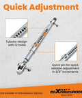 Universal Front End Tubular Travel Limiters Weld On Quick Adjustable For Drag Race Cars With Lower Control Arm Mounts Built To Be Durable Lightweight And Easy Pin Replacement For Max Front End Travel Control, tubular design with 12 holes and 3/8 in quick pin