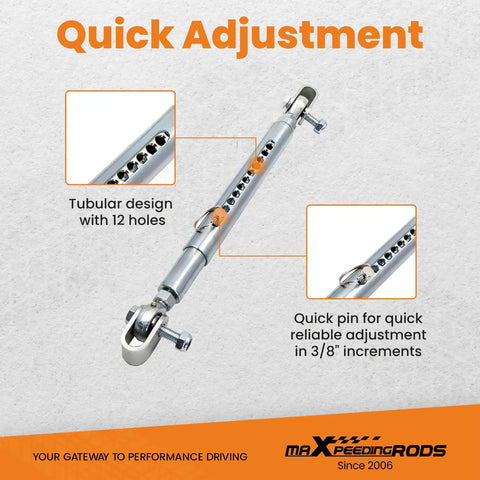 Universal Front End Tubular Travel Limiters Weld On Quick Adjustable For Drag Race Cars With Lower Control Arm Mounts Built To Be Durable Lightweight And Easy Pin Replacement For Max Front End Travel Control, tubular design with 12 holes and 3/8 in quick pin