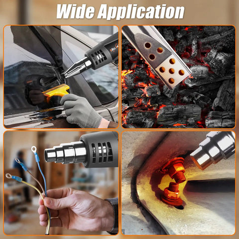 Various uses of the Beast 1600W Heat Gun With Dual Temperature Control, showing different nozzles for crafts and DIY tasks.