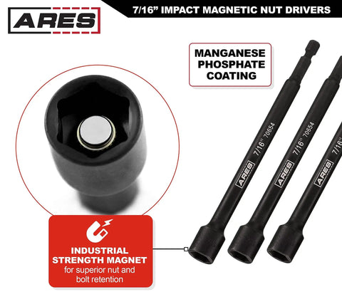 Magnetic Impact Nut Driver Set, 7/16 Inch, 6 Inch Long, industrial magnets, close-up of hex shank and magnetic tip.