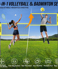 Backyard 2 In 1 Volleyball And Badminton Net Set with adjustable height and width, two people playing in a grassy area