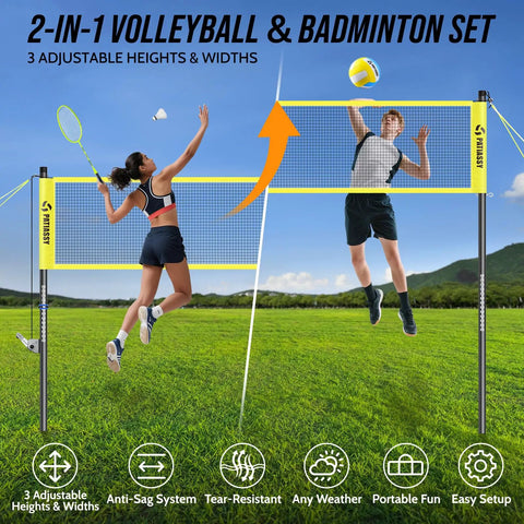 Backyard 2 In 1 Volleyball And Badminton Net Set with adjustable height and width, two people playing in a grassy area