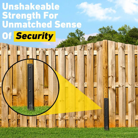 Beefy Heavy Duty Fence Post Repair Kit 2 4 6 8 Pack With Thick Ground Spike Anchors shown installed on wooden fence