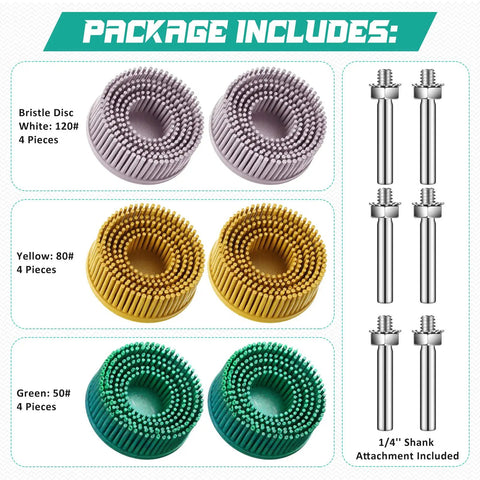 12 Piece 2 Inch Abrasive Bristle Disc Go-To Set For Drill With 50 80 120 Grits 1/4 Inch Shank White Green Yellow Gasket Removal Discs