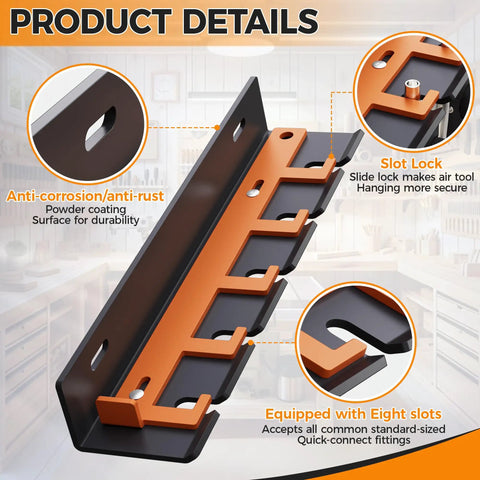 Air Tool Wall Mount Rack With Five Slots shown in black and orange with anti-corrosion features and slot lock for standard 1/4 connectors.
