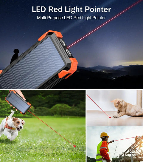 LED red light pointer feature on Solar Charger Power Bank With Built In Cables And 42800mAh Battery, in use outdoors and with pets