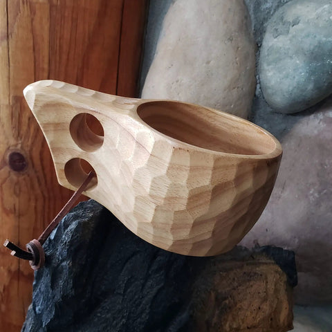 Front view of Nordic Style Kuksa Wood Camp Mug 10 Oz Handcrafted Carved Hardwood Outdoor Cup for Camping Backyard Chill Family Trips