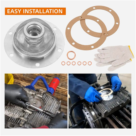 Oil Screen Kit 00 9924 0 For 1500 1600cc VW Type 1, includes screen, gaskets, and gloves, shown in installation and close-up views.