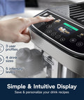 Close-up of touch display on Fully Automatic Espresso Machine With Built In Grinder And Milk Frother 13 One Touch Recipes No Fuss All In One Programmable Coffee Maker For Espresso Latte Cappuccino Americanos Tea And More.