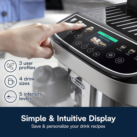 Close-up of the control panel on the Certified Renewed Fully Automatic Espresso Machine With Built In Grinder And No Fuss Milk Frother Programmable One Touch Coffee Maker.