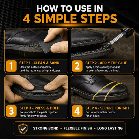 Step-by-step guide for using Heavy Duty Shoe Glue 30 Grams Clear Waterproof Flexible Adhesive for shoe repair.