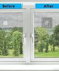 Comparison of window screens before and after using Self Adhesive Screen Repair Tape Two Roll Kit 5 Cm By 2 M Each Mesh Patch for repairs.
